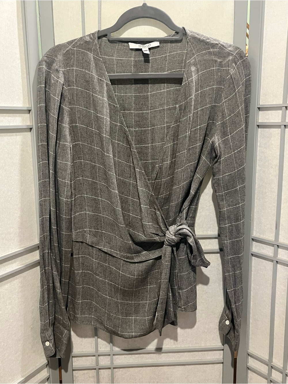 10 Crosby Derek Lam Gray Windowpane Wrap Blouse Size 4 Small Rent the Runway RTR